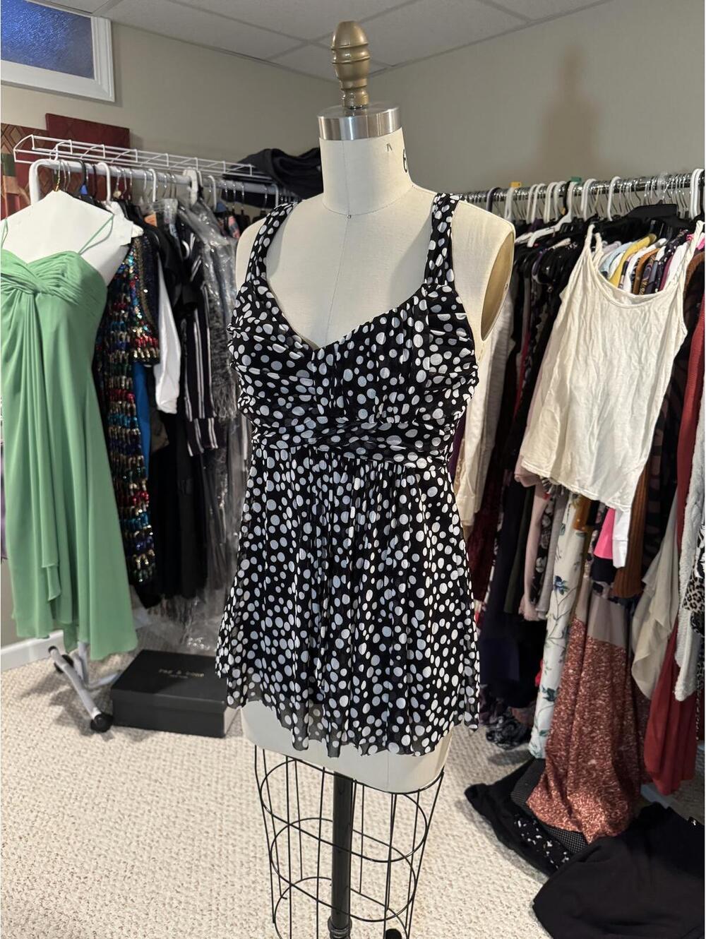 Black and White Polka Dot Sleeveless Baby Doll Top - Small